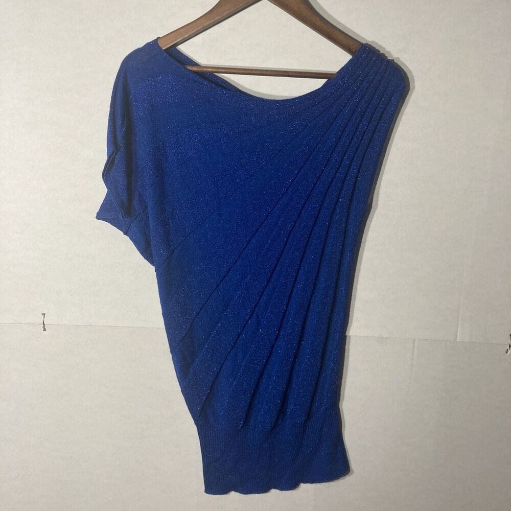 CACHE blue glitter shimmer striped knit one sleeve sweater top XS